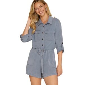 She + Sky Blue Button-Up Romper